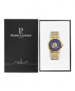 ecrin-montre-pierre-lannier-automatique-cadran-bleu-bracelet-acier-milanais-dore-ref_326c062