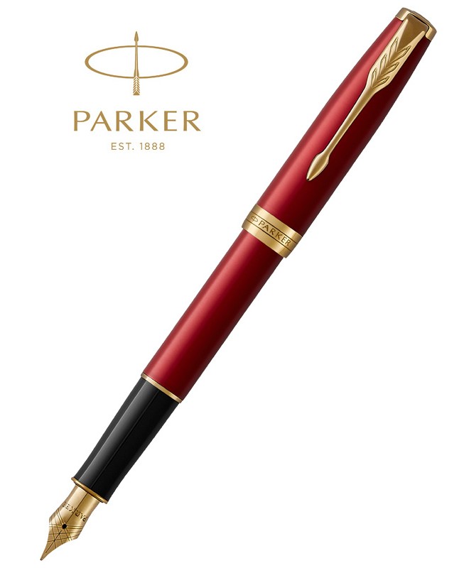 Parker IM stylo plume, Laqué rouge Premium avec attributs dorés, Pointe  fine avec cartouche d'encre bleue