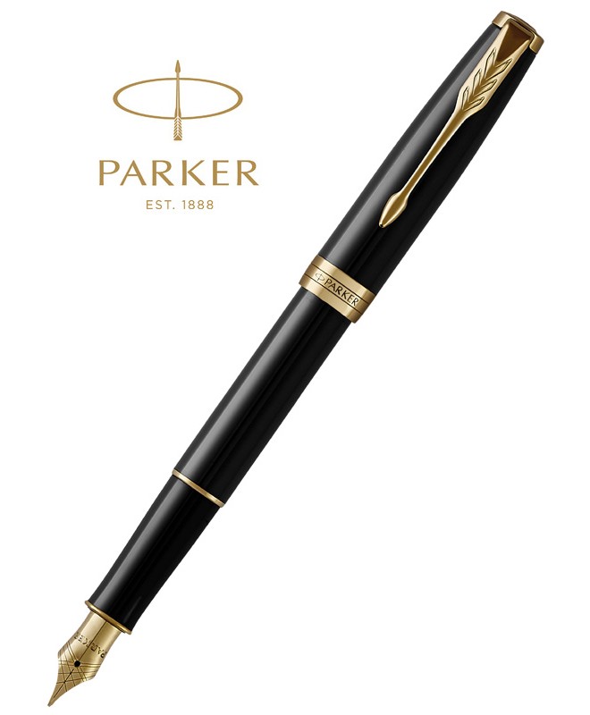 PARKER Sonnet Premium, Stylo plume, Métal et Laque Noire, Plume fine 18k, encre  noire, Coffret cadeau